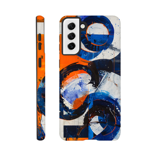 A Samsung Galaxy S21 Plus Phone Case with the following design on it : An abstract painting of circles and squares in orange, blue and white, with an overall sense of movement and vitality. The background is collage-like, with elements such as textures, lines, stripes, scribbles and splashes of paint, along with irregular shapes