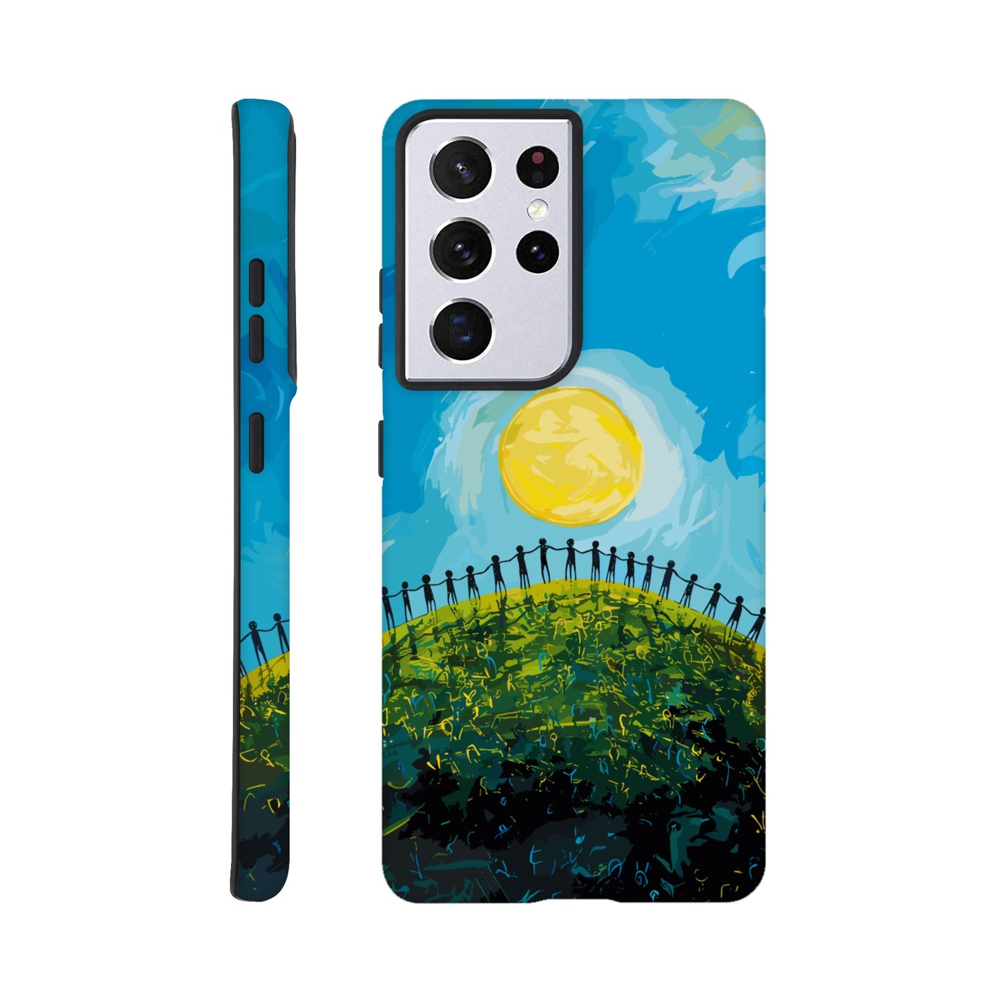 A Samsung Galaxy S21 Ultra Phone Case with the following design on it : a large group of dozens of non distinct human forms holding hands under a bright sun on a beautiful green hill with a beautiful blue sky above, pop art