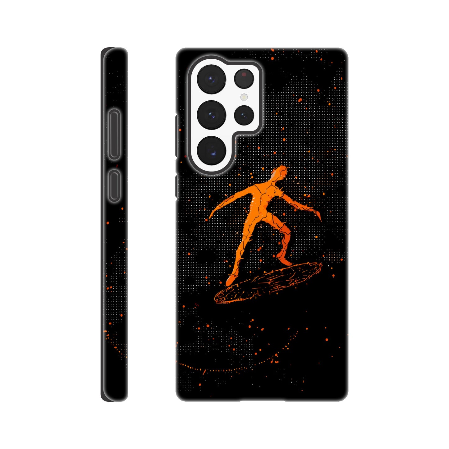 A Samsung Galaxy S22 Ultra Phone Case with the following design on it : orange glowing silhouette of a male surfer against a black background, in the style of digital art, dark orange and light amber, pointillist dot paintings, high resolution, symmetrical grid-like patterns, minimalist figures, glitched edges