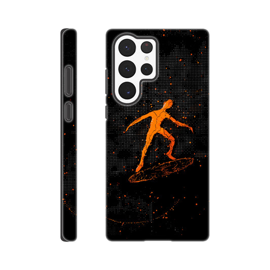 A Samsung Galaxy S22 Ultra Phone Case with the following design on it : orange glowing silhouette of a male surfer against a black background, in the style of digital art, dark orange and light amber, pointillist dot paintings, high resolution, symmetrical grid-like patterns, minimalist figures, glitched edges