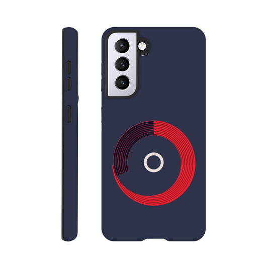 A Samsung Galaxy S21 Phone Case with the following design on it: a red circle with black curved lines in the circle that make it look like bleachers from above on a navy blue background, there is a white letter circle in the center, a sleek and modern appearance, subtle gradients for depth effect