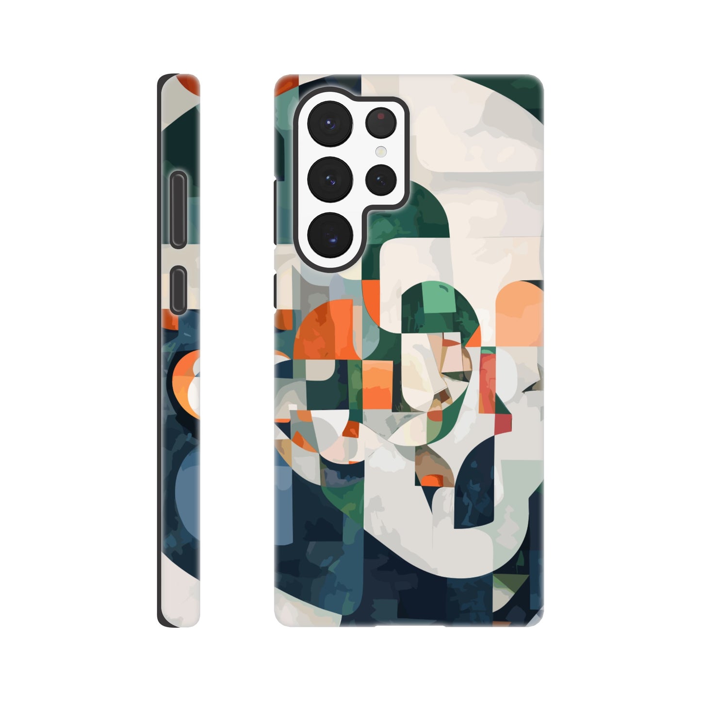 A Samsung Galaxy S22 Ultra Phone Case with the following design on it - A cubist-inspired portrait. The face is composed of geometric shapes and forms, with an abstract background that features soft gradients in shades of green, orange, blue, white, and grey. Abstract patterns surround the figure to create depth and movement against an emerald color palette.e68e6