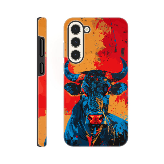 A Samsung Galaxy S23 Plus Phone Case with the following design on it: Abstract blue bull on a red background in the style of urban graffiti, the Bull is the symbol for the astrological sign of Taurus, flat painting with brush strokes, strong color contrast in the style of urban street art, cool and confident expression of the blue ox with an eye-catching label and strong visual impact