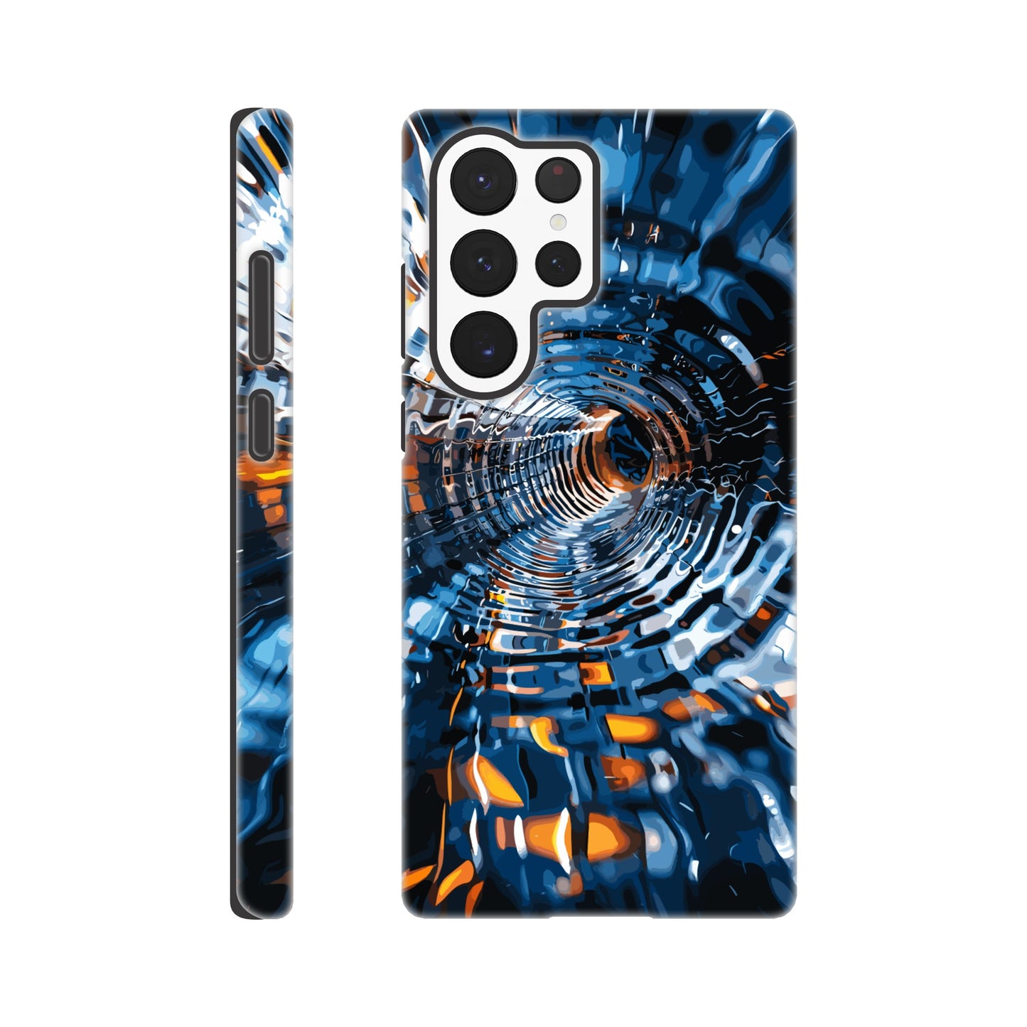 A Samsung Galaxy S22 Ultra Phone Case with the following design on it: abstract futuristic tunnel made of chrome and glass, motion blur, dark blue background, orange highlights. The tunnel was created in the style of an abstract futuristic design using chrome and glass with a motion blur effect against a dark blue background highlighted with orange