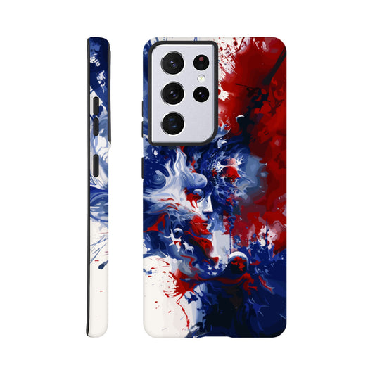 A Samsung Galaxy S21 Ultra Phone Case with the following design on it: Abstract Blue and Red Painting, white background, ink painting, splash art in the style of ink painting, human profile in the middle which seems to be depicting someone in deep thought 