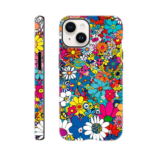 An Apple iPhone 14 Phone Case with the following design on it : Lots of retro looking flowers of multiple colors with no discernible arrangement against a white background. 