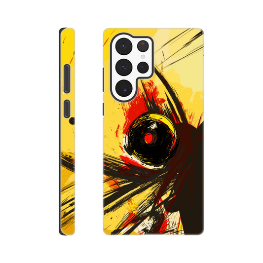 A Samsung Galaxy S22 Ultra Phone Case with the following design on it : Abstract drawing of a humanoid insect hybrid figure,  red and black colors. In the style of comic brush strokes that creates a kind of frenetic energy with a light yellow background.