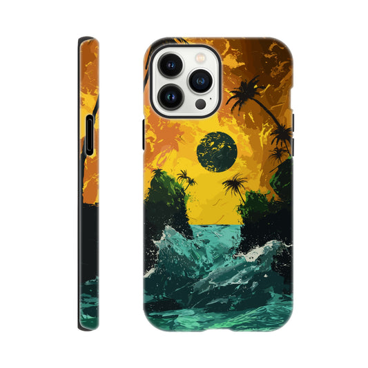 An Apple iPhone 13 Pro Max Phone Case with the following design on it - Two green islands separated by a violent royal green sea: yellow orangish sky: black sun, alien looking palm trees, surrealism