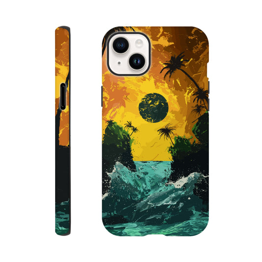 An Apple iPhone 14 Plus Phone Case with the following design on it - Two green islands separated by a violent royal green sea: yellow orangish sky: black sun, alien looking palm trees, surrealism