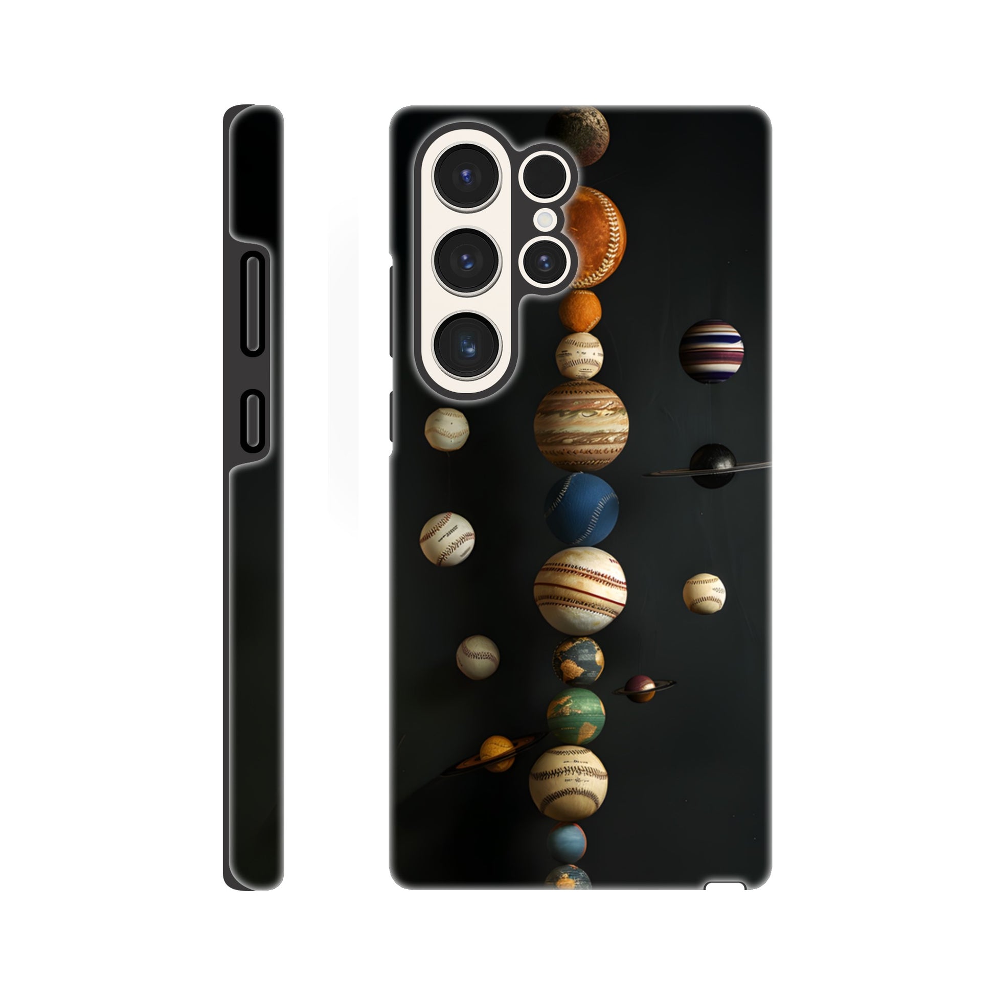 A Samsung Galaxy S23 Ultra phone case with a design depicting our solar system with baseballs in place of planets