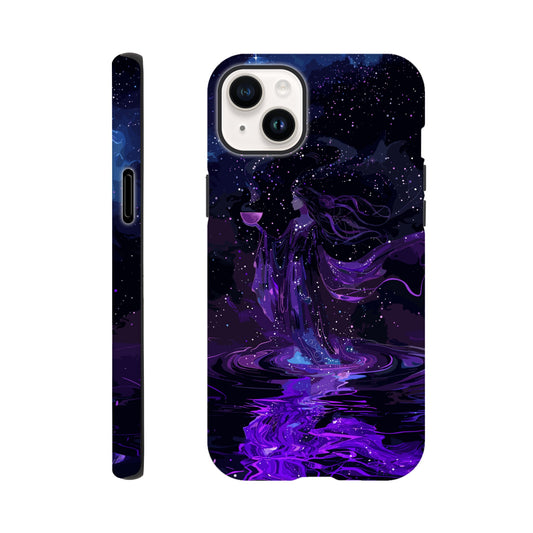 An Apple iPhone 14 Plus Phone Case with a design of the aquarius astrological zodiac symbol, purple, red, turquoise, 3d, pop art