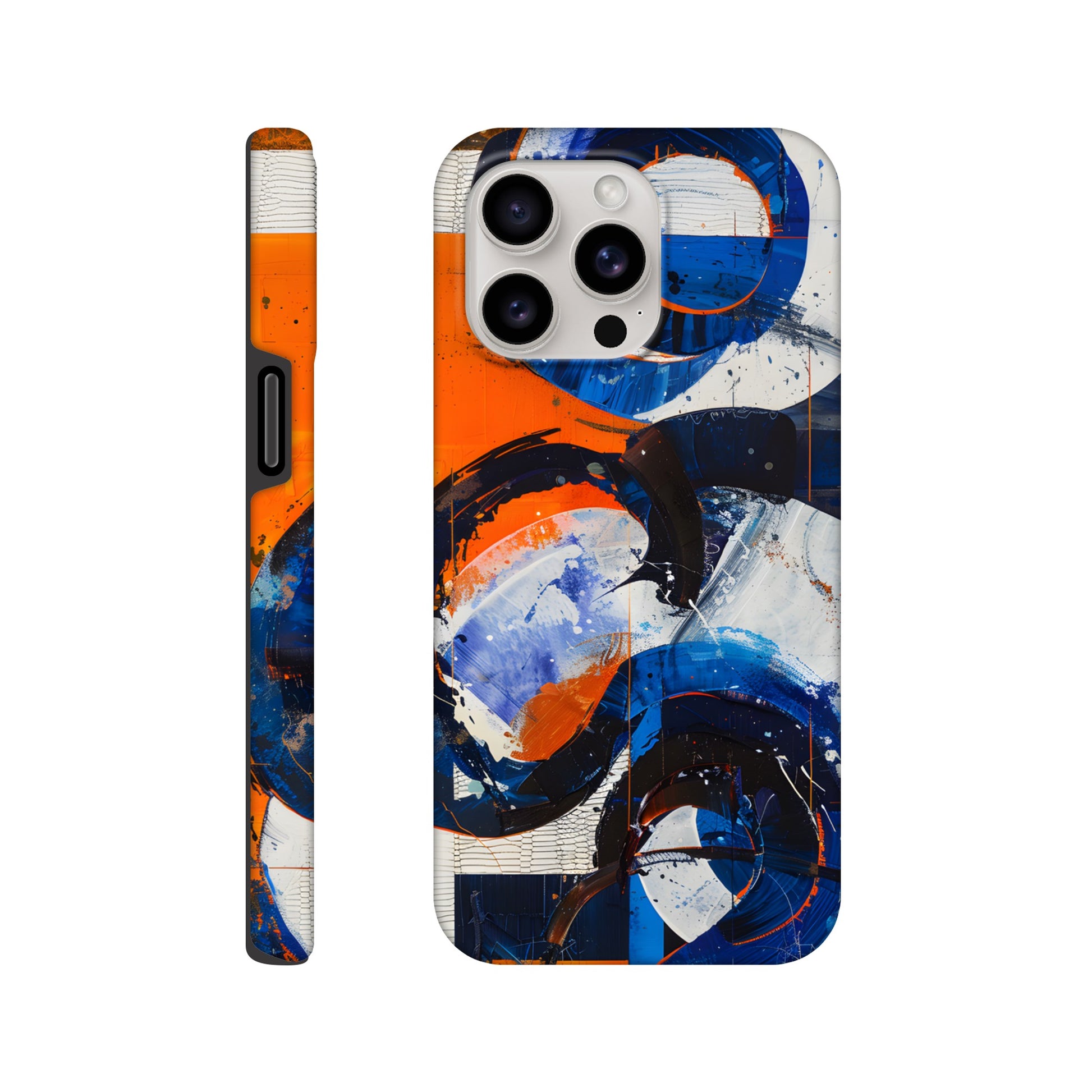 An Apple iPhone 15 Pro Max Phone Case with the following design on it : An abstract painting of circles and squares in orange, blue and white, with an overall sense of movement and vitality. The background is collage-like, with elements such as textures, lines, stripes, scribbles and splashes of paint, along with irregular shapes