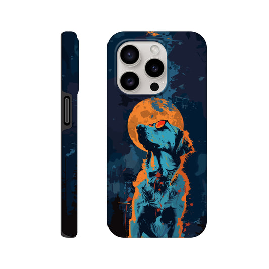 An Apple iPhone 15 Pro Phone Case with the following design on it - A golden retriever dog with the moon behind it in a blue and orange color scheme, a night forest background, flat vector art with dark blue and light amber colors, a cyberpunk aesthetic