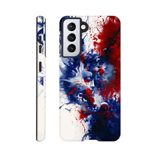 A Samsung Galaxy S21 Phone Case with the following design on it: Abstract Blue and Red Painting, white background, ink painting, splash art in the style of ink painting, human profile in the middle which seems to be depicting someone in deep thought 