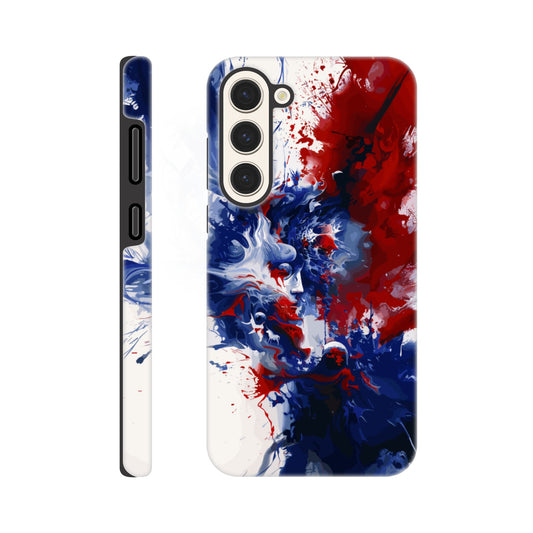 A Samsung Galaxy S23 Plus Phone Case with the following design on it: Abstract Blue and Red Painting, white background, ink painting, splash art in the style of ink painting, human profile in the middle which seems to be depicting someone in deep thought 