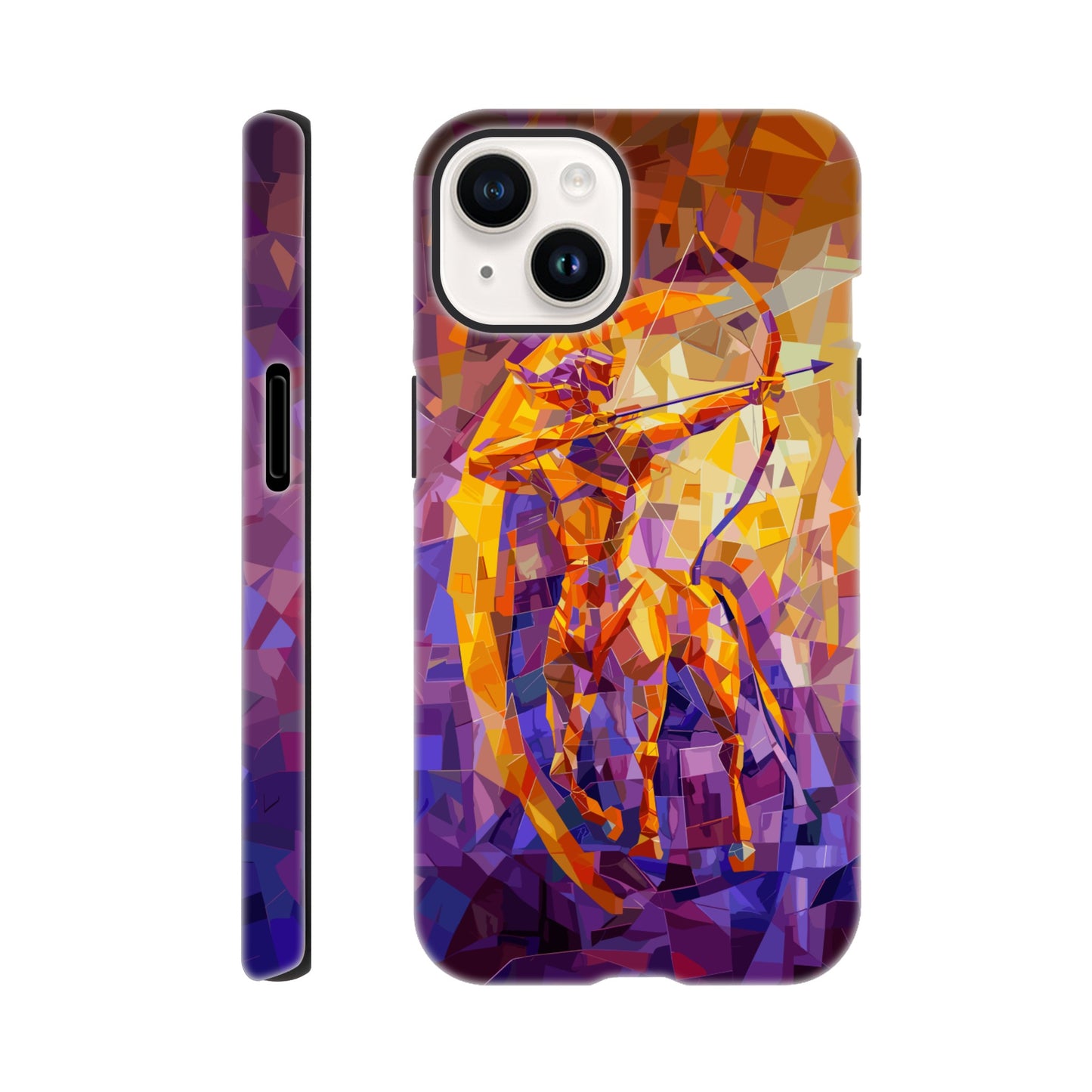 An Apple iPhone 14 Phone Case with the following design on it: A centaur- the half man half horse archer and symbol of the astrological sign Sagittarius, the character is imagined through an artist who is adept at the artistic style of cubism, orange, purple, yellow