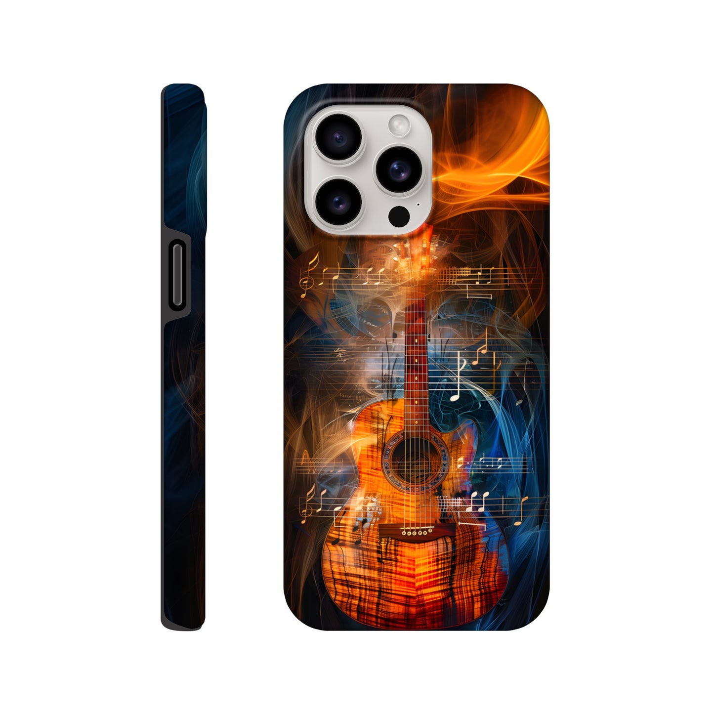 An Apple iPhone 15 Pro Max Phone Case with the following design on it: A Koa Guitar with musical notes swirling around it, blue and red smoke swirling around both the Guitar and notes, in the style of a digital art, dark blue background, orange glow on guitar, symmetrical composition, high resolution, hyper realistic, high contrast, vibrant colors, detailed textures of wood and strings