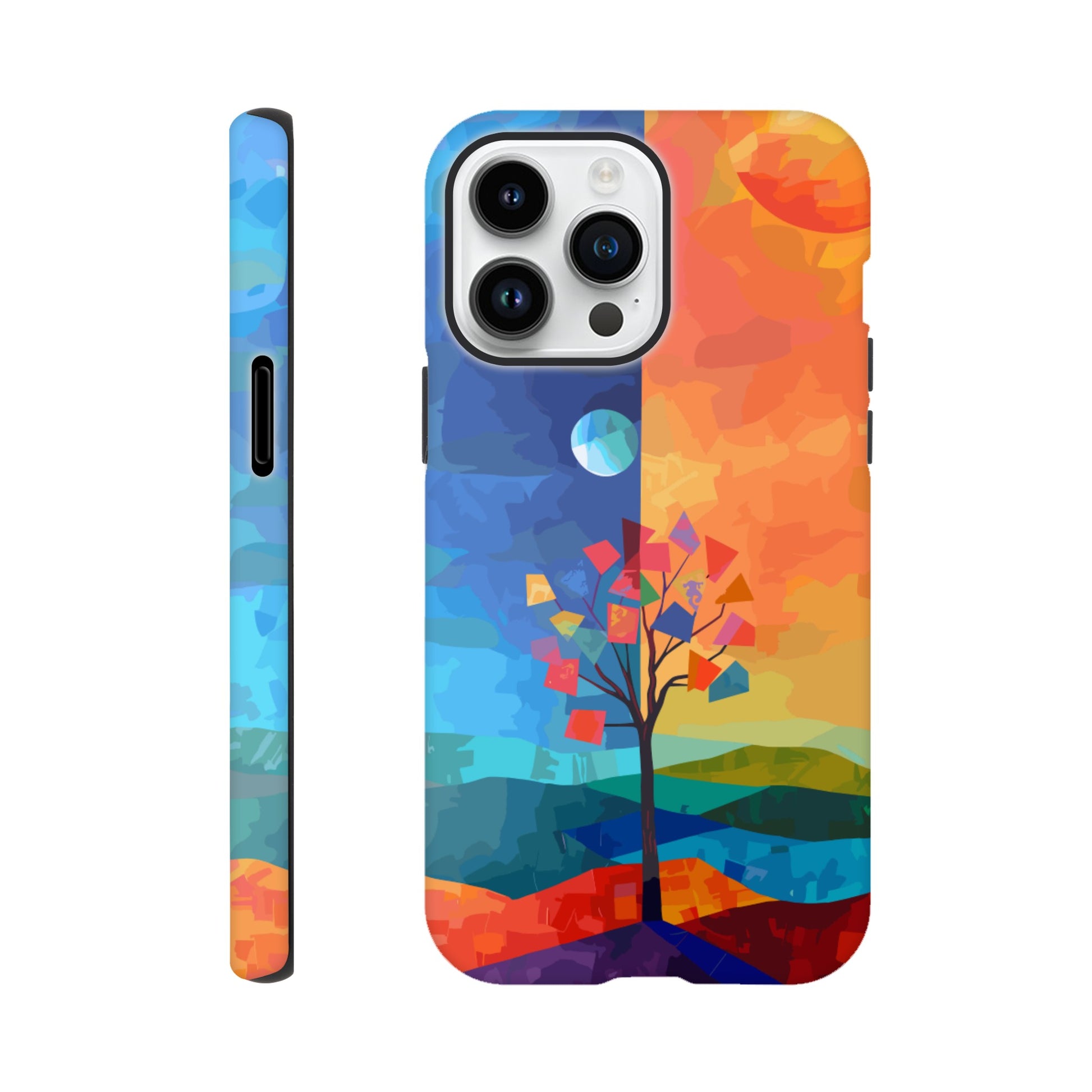 An Apple iPhone 14 Pro Max Phone Case with the following design on it - A landscape with two distinct color blocks representing day and night, featuring the sun on one side and the moonlight on the other, with a tree in between, depicted as geometric shapes and colors in the style of abstract art, with vibrant and contrasting colors, a modern digital painting