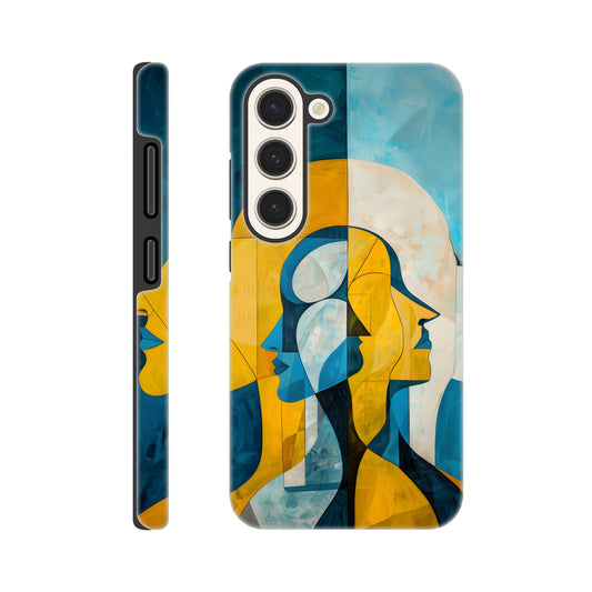 A Samsung Galaxy S23 Phone Case with the following design on it - the Gemini Astrological sign depicting twins facing away from one another, the twins are of no specific sexual or ethnic orientation, yellow, baby blue, white, cubism