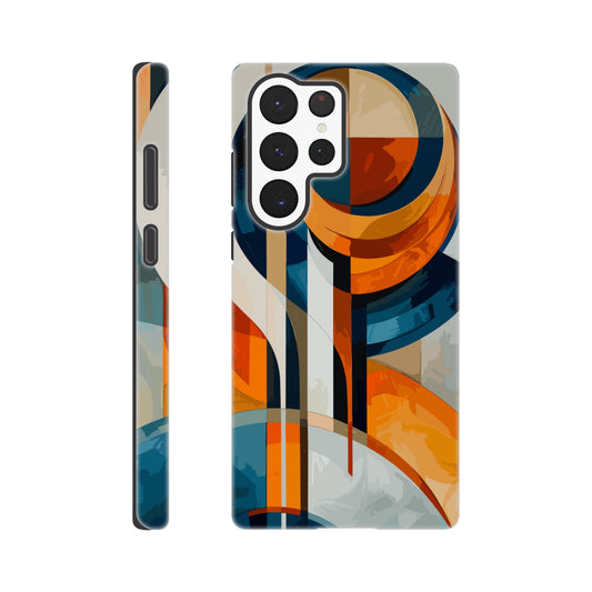 A Samsung Galaxy S22 Ultra Phone Case with the following design on it: An abstract painting of an orange, blue and white circular design with lines in the style of cubism. The shapes create visual harmony by creating balance between soft curves and sharp angles. It uses flat color to give depth through gradients. There is an emphasis on the use of light and shadow. In some places there's an airbrush effect.