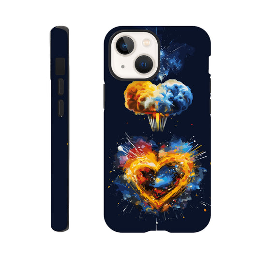 An Apple iPhone 13 Mini Phone Case with the following design on it - heart shaped milky way galaxy with a nuclear mushroom cloud emanating from the heart, pop art, royal blue, yellow, white, silver, black, orange