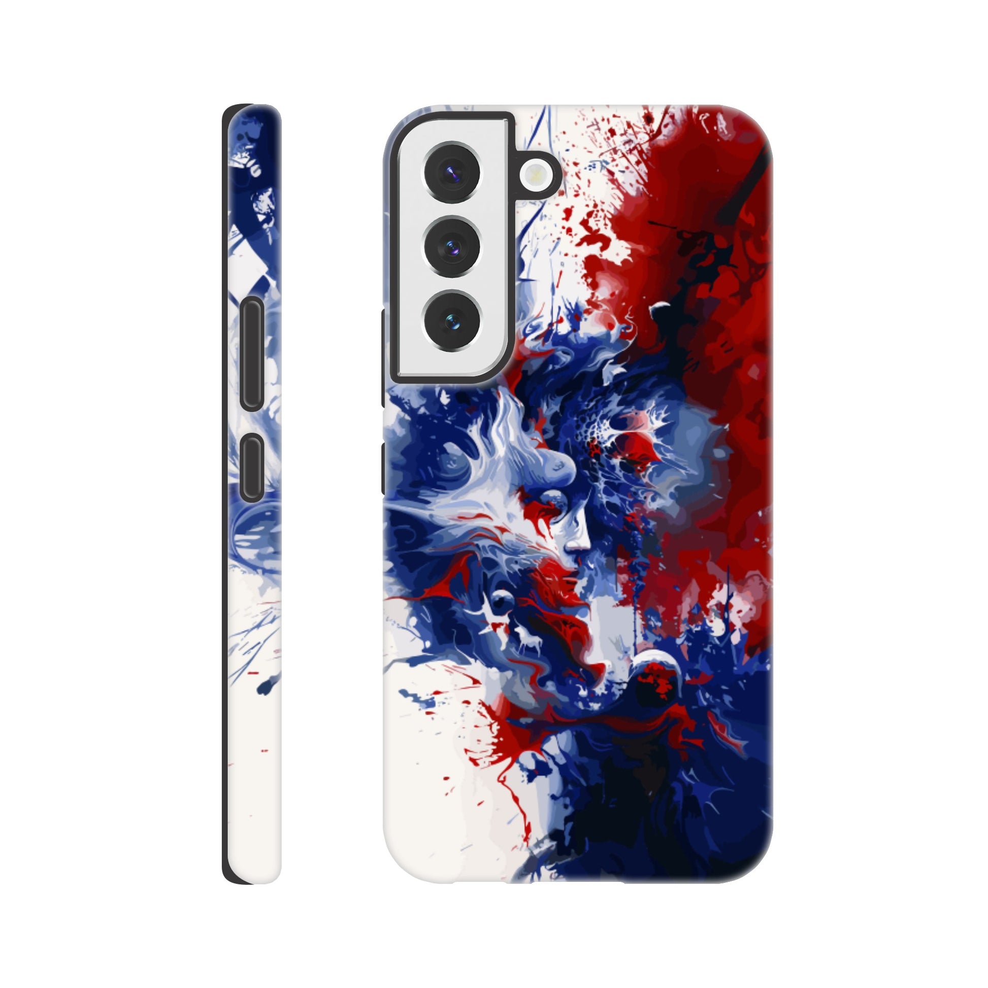 A Samsung Galaxy S22 Phone Case with the following design on it: Abstract Blue and Red Painting, white background, ink painting, splash art in the style of ink painting, human profile in the middle which seems to be depicting someone in deep thought 