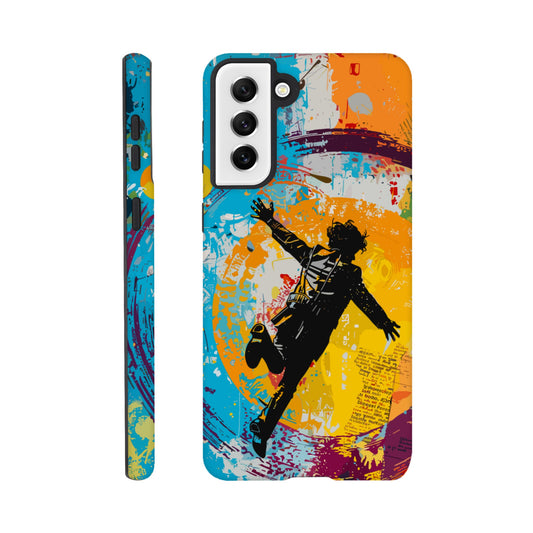 A Samsung Galaxy S21 Plus Phone Case with the following design on it -A graffiti style painting of the back of a human male in a suit falling in mid-air, with bold colors. The background is filled with vibrant splashes of color and newspaper texture in the style of American pop art