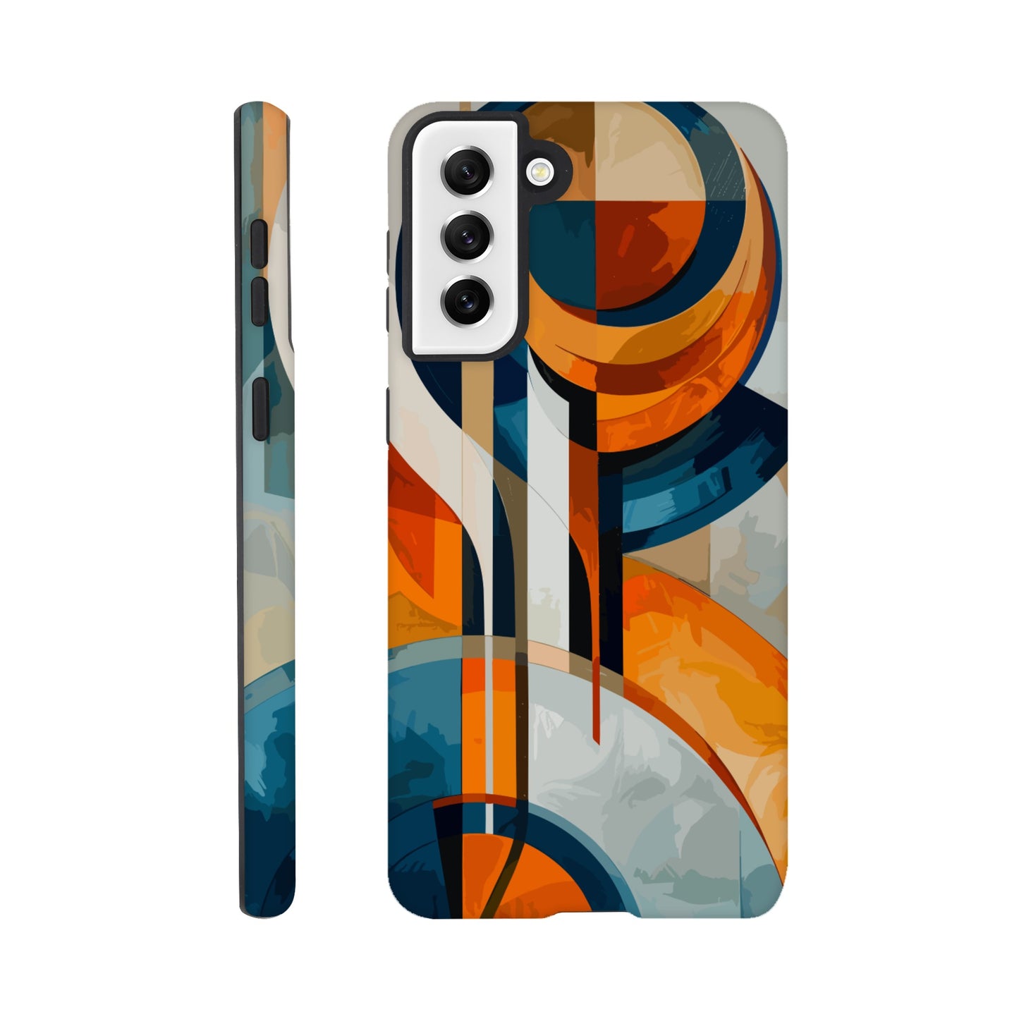 A Samsung Galaxy S21 Plus Phone Case with the following design on it: An abstract painting of an orange, blue and white circular design with lines in the style of cubism. The shapes create visual harmony by creating balance between soft curves and sharp angles. It uses flat color to give depth through gradients. There is an emphasis on the use of light and shadow. In some places there's an airbrush effect.