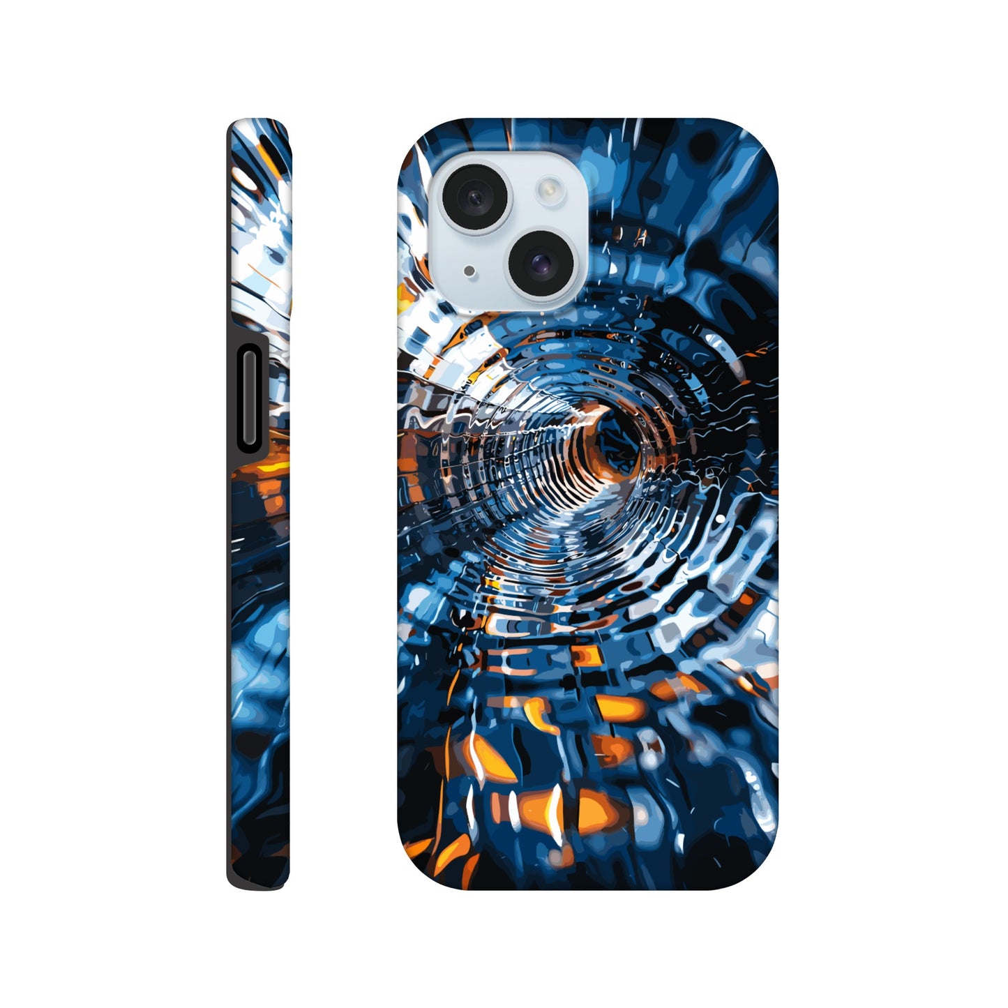 An Apple iPhone 15 Phone Case with the following design on it: abstract futuristic tunnel made of chrome and glass, motion blur, dark blue background, orange highlights. The tunnel was created in the style of an abstract futuristic design using chrome and glass with a motion blur effect against a dark blue background highlighted with orange