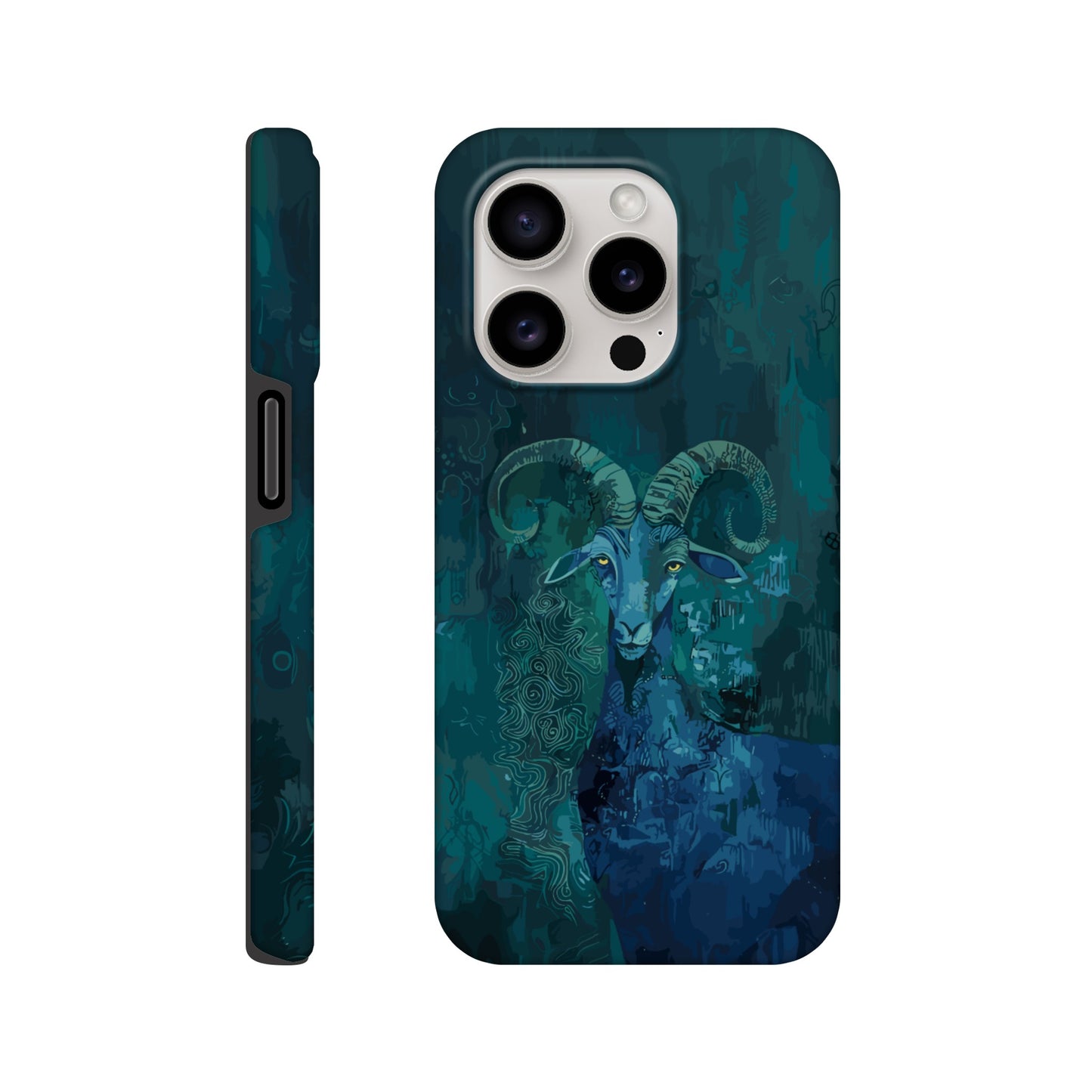 An Apple iPhone 15 Pro Phone Case with the following design on it - a Sea Goat, the symbol of the zodiac sign for Capricorn, fabric painting, dark green, indigo