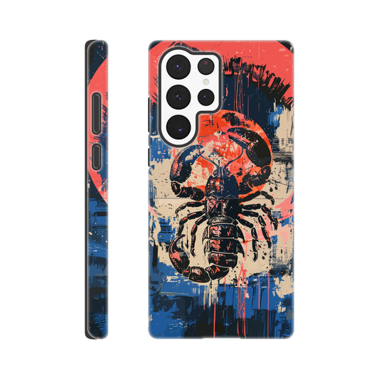 A Samsung Galaxy S22 Ultra Phone Case with the following design on it : A painting of a Scorpio with red accents, the Scorpio is the symbol for the astrological sign Scorpio, the Scorpio is positioned in the center against abstract blue and white brushstrokes, within a pink circle. The artwork has a splattered, chaotic background.