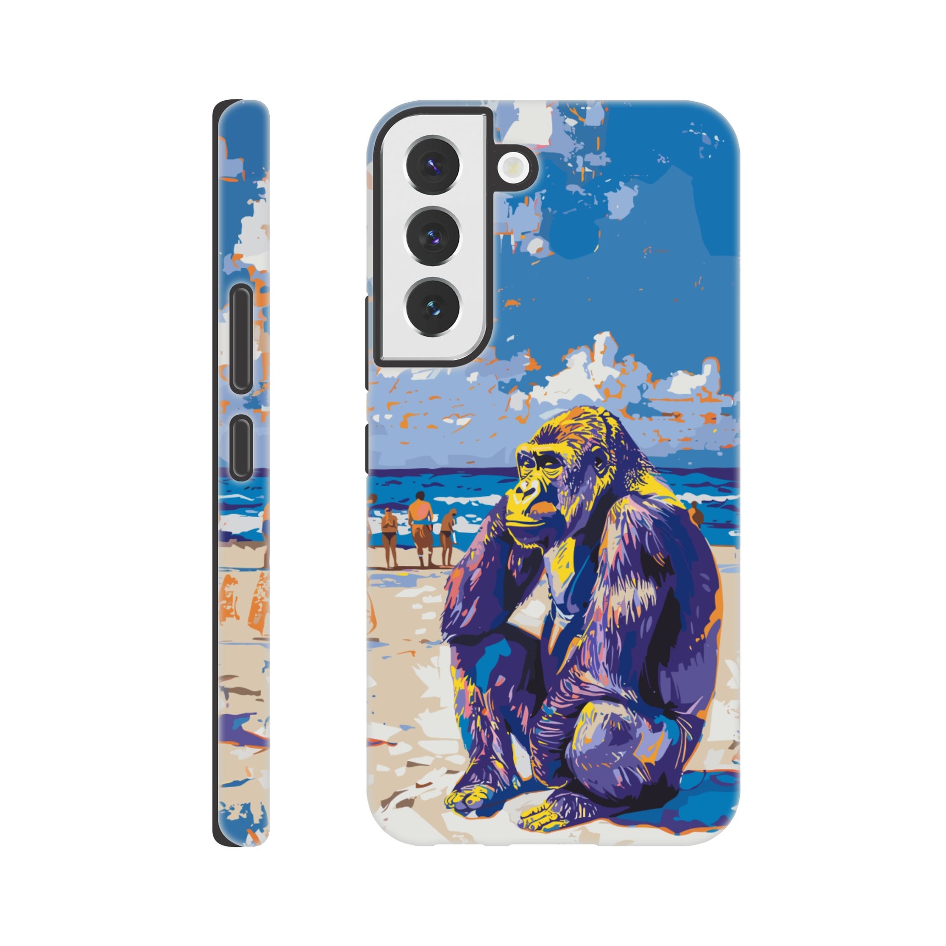 A Samsung Galaxy S22 with a design of a Gorilla at the beach thinking while a diverse group of people stroll along the beach in the background, royal blue, orange, purple, yellow, white, fauvism meets pop art