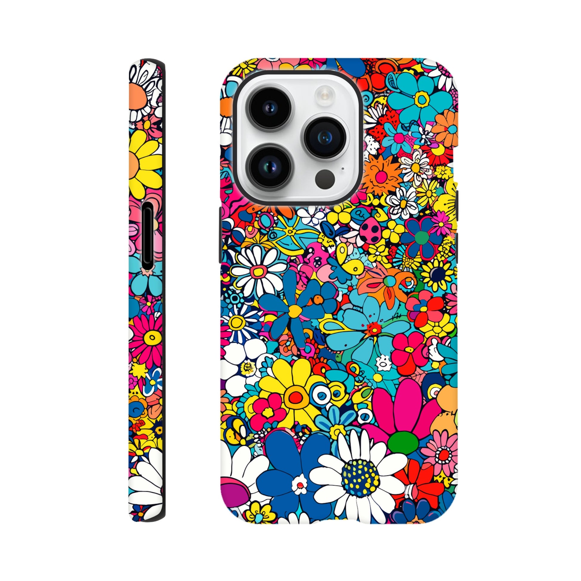 An Apple iPhone 14 Pro Phone Case with the following design on it : Lots of retro looking flowers of multiple colors with no discernible arrangement against a white background. 