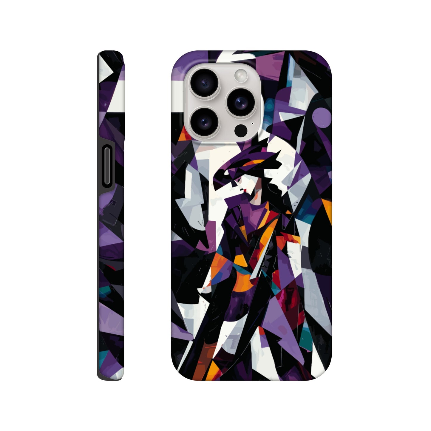 Apple iPhone 15 Pro Max Phone Case with the following design on it : geometric and abstract design of a figure with sharp angles and vibrant colors, primarily purple, black, white, and orange.