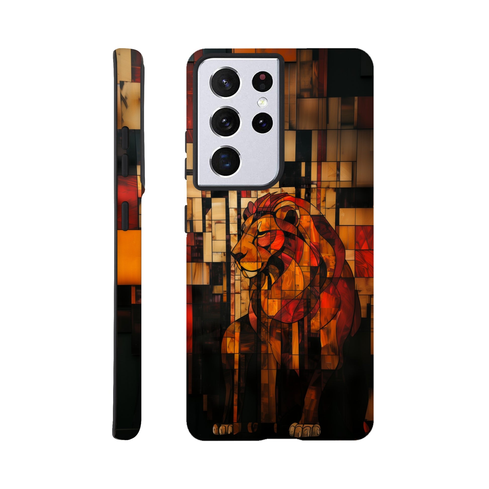 A Samsung Galaxy S21 Ultra Phone Case with the following design on it - The Zodiac symbol for Leo - a Lion made of geometric shapes, composed of red and brown blocks. The background is dark with a blurred effect. In the style of stained glass