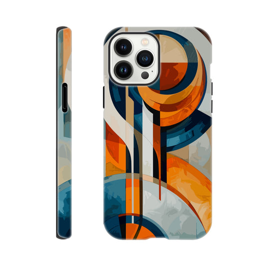 An Apple iPhone 13 Pro Max Phone Case with the following design on it: An abstract painting of an orange, blue and white circular design with lines in the style of cubism. The shapes create visual harmony by creating balance between soft curves and sharp angles. It uses flat color to give depth through gradients. There is an emphasis on the use of light and shadow. In some places there's an airbrush effect