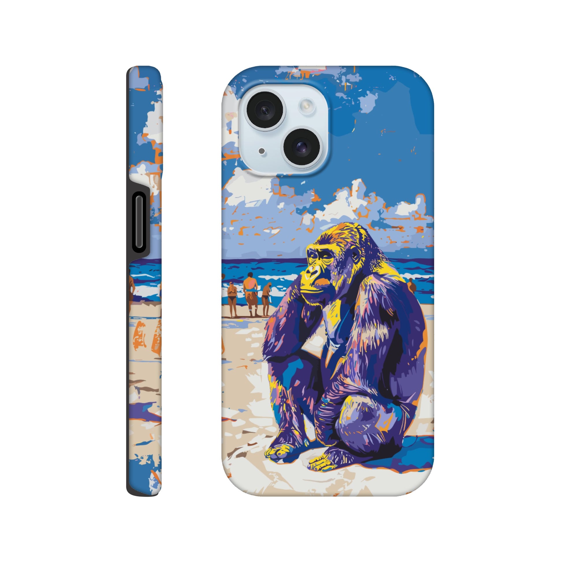 An iPhone 15 with a design of a Gorilla at the beach thinking while a diverse group of people stroll along the beach in the background, royal blue, orange, purple, yellow, white, fauvism meets pop art