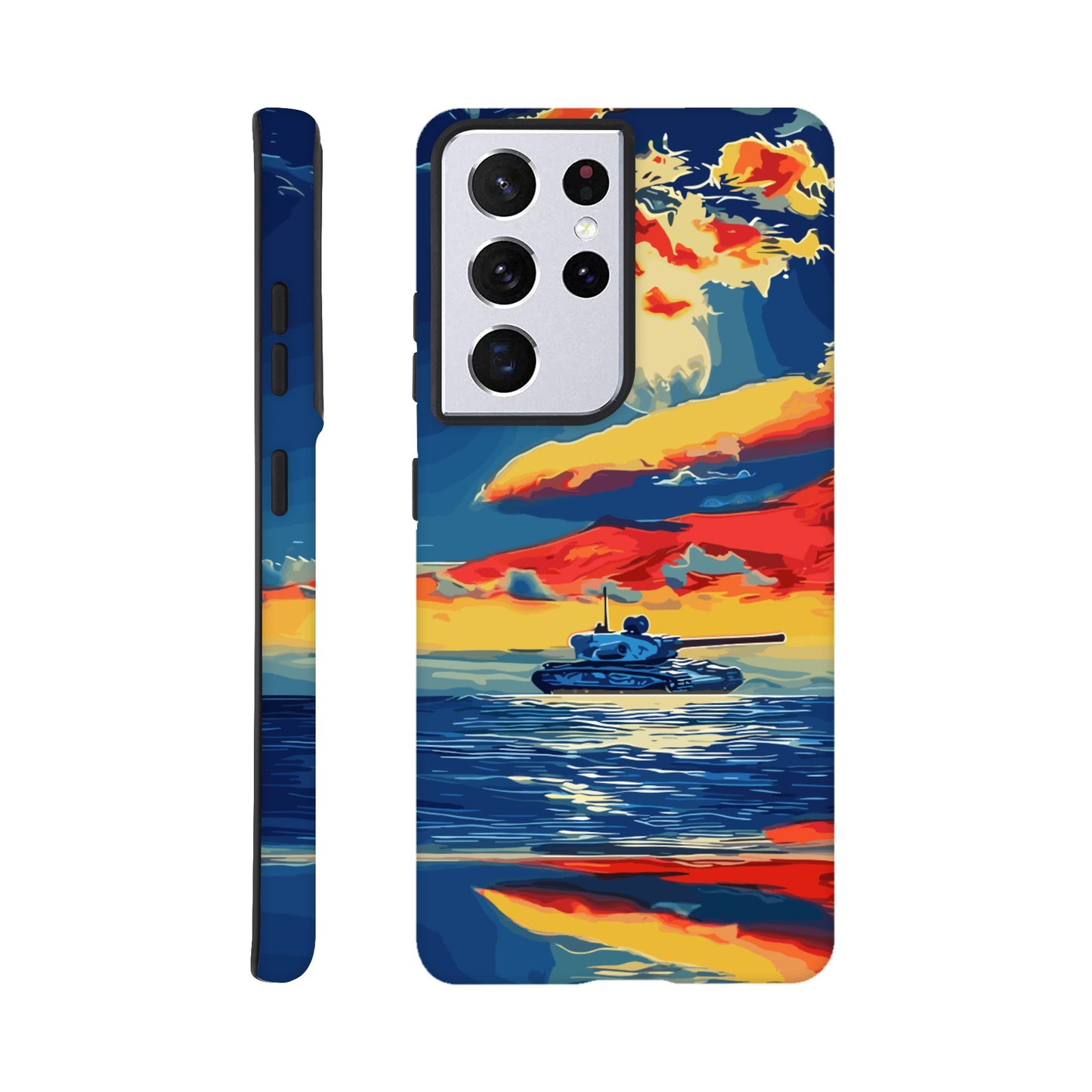 A Samsung Galaxy S21 Ultra Phone Case with the following design on it : A tank is sailing on the sea, with colorful clouds in the sky and a sunset reflection on the water surface, the style of an oil painting. The main colors of red, blue, yellow and orange are presented in a flat illustration