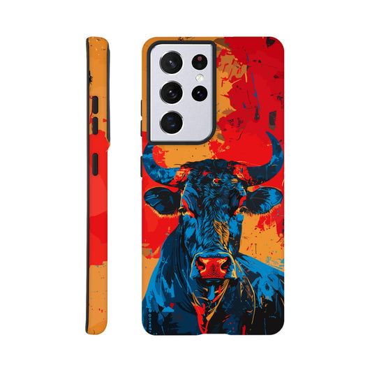 A Samsung Galaxy S21 Ultra Phone Case with the following design on it: Abstract blue bull on a red background in the style of urban graffiti, the Bull is the symbol for the astrological sign of Taurus, flat painting with brush strokes, strong color contrast in the style of urban street art, cool and confident expression of the blue ox with an eye-catching label and strong visual impact