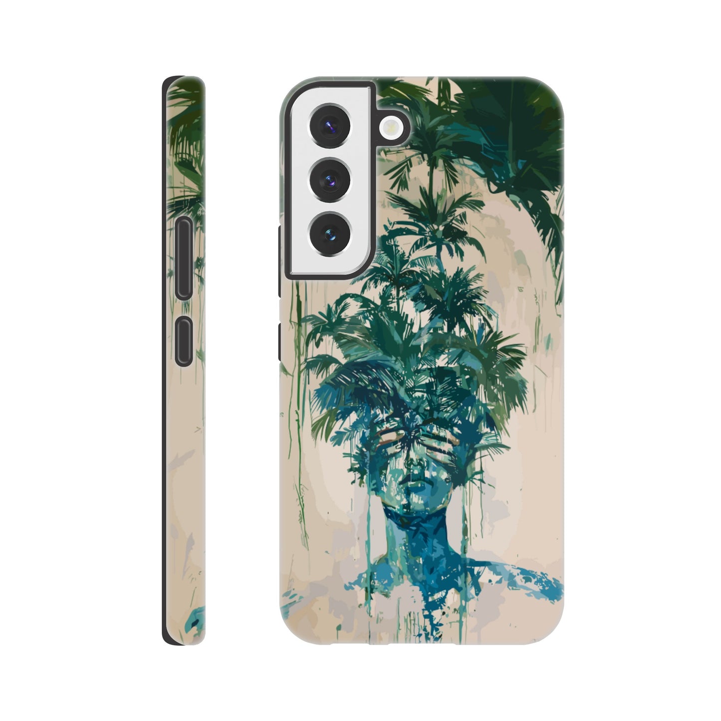 A Samsung Galaxy S22 phone case with the following design -the soulless look on the face of either a female or male human form that is self possessed and obscured by a dozen palm trees, green, blue, white, surrealism meets fauvism