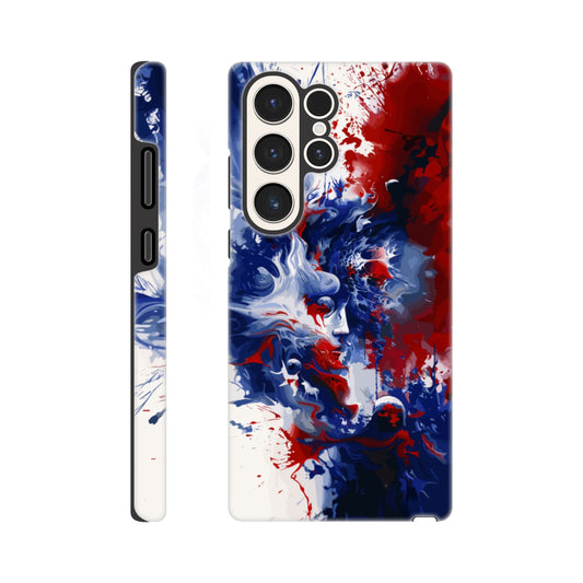 A Samsung Galaxy S23 Ultra Phone Case with the following design on it: Abstract Blue and Red Painting, white background, ink painting, splash art in the style of ink painting, human profile in the middle which seems to be depicting someone in deep thought 