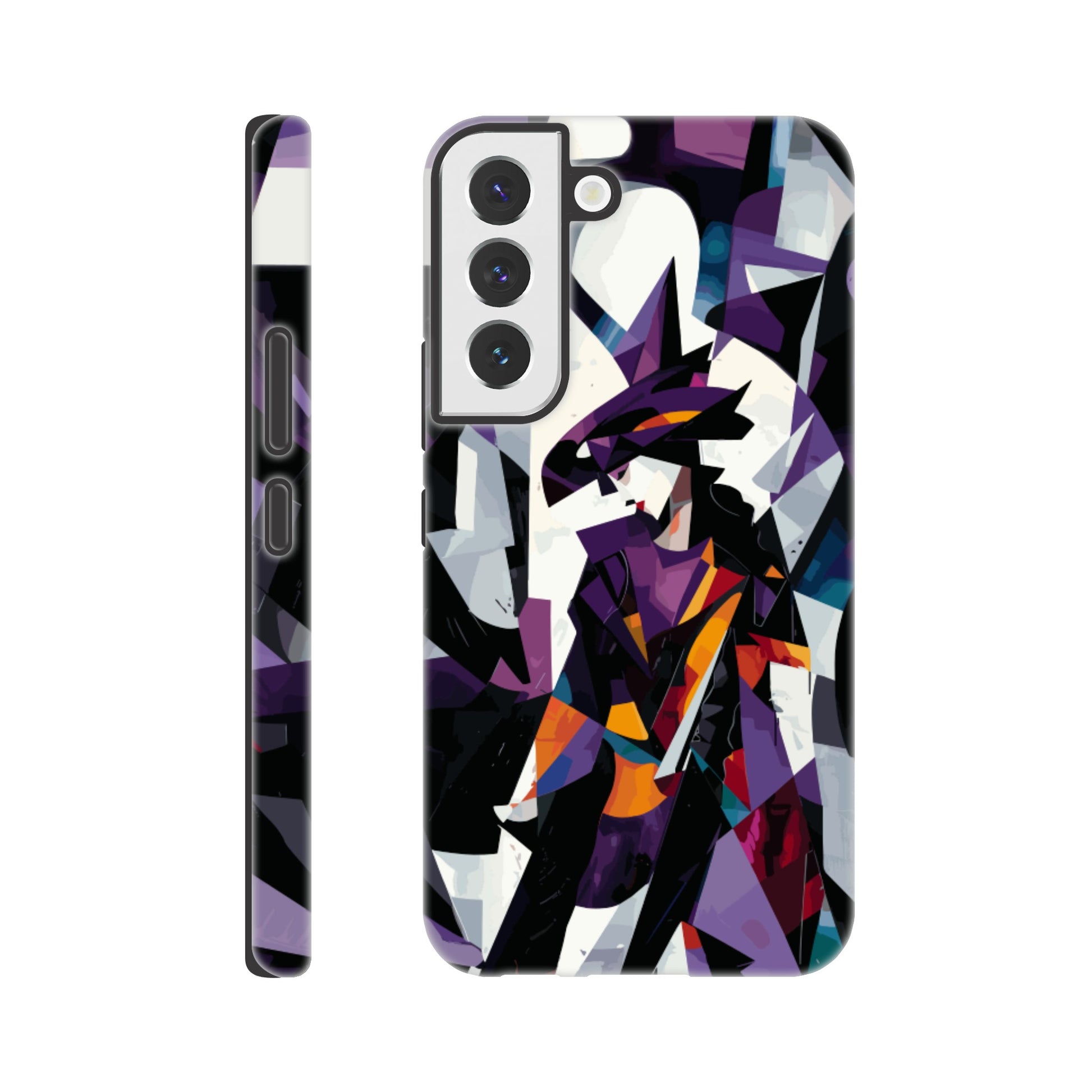 A Samsung Galaxy S22 Phone Case with the following design on it : geometric and abstract design of a figure with sharp angles and vibrant colors, primarily purple, black, white, and orange.