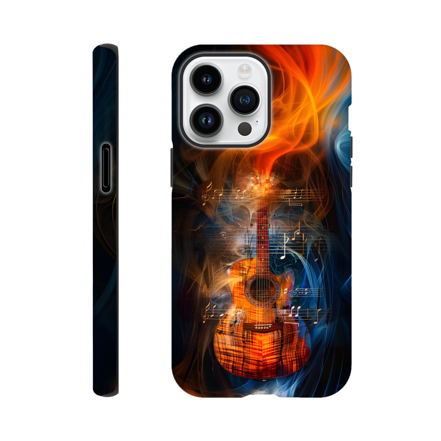 An Apple iPhone 14 Pro Max Phone Case with the following design on it: A Koa Guitar with musical notes swirling around it, blue and red smoke swirling around both the Guitar and notes, in the style of a digital art, dark blue background, orange glow on guitar, symmetrical composition, high resolution, hyper realistic, high contrast, vibrant colors, detailed textures of wood and strings