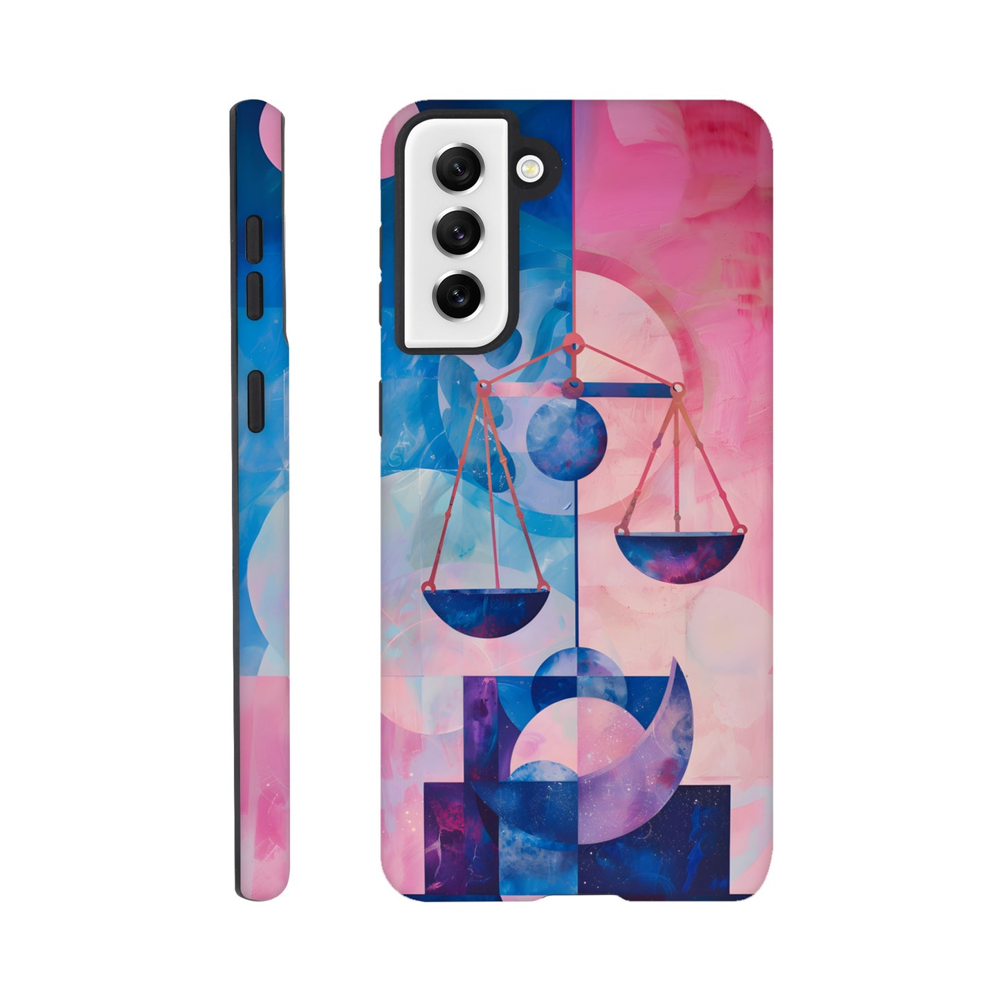 A Samsung Galaxy S21 Plus Phone Case with the following design on it : The Zodiac symbol for Libra, scales of justice theme, planet Venus in the background, Bauhaus style, royal blue, light pink