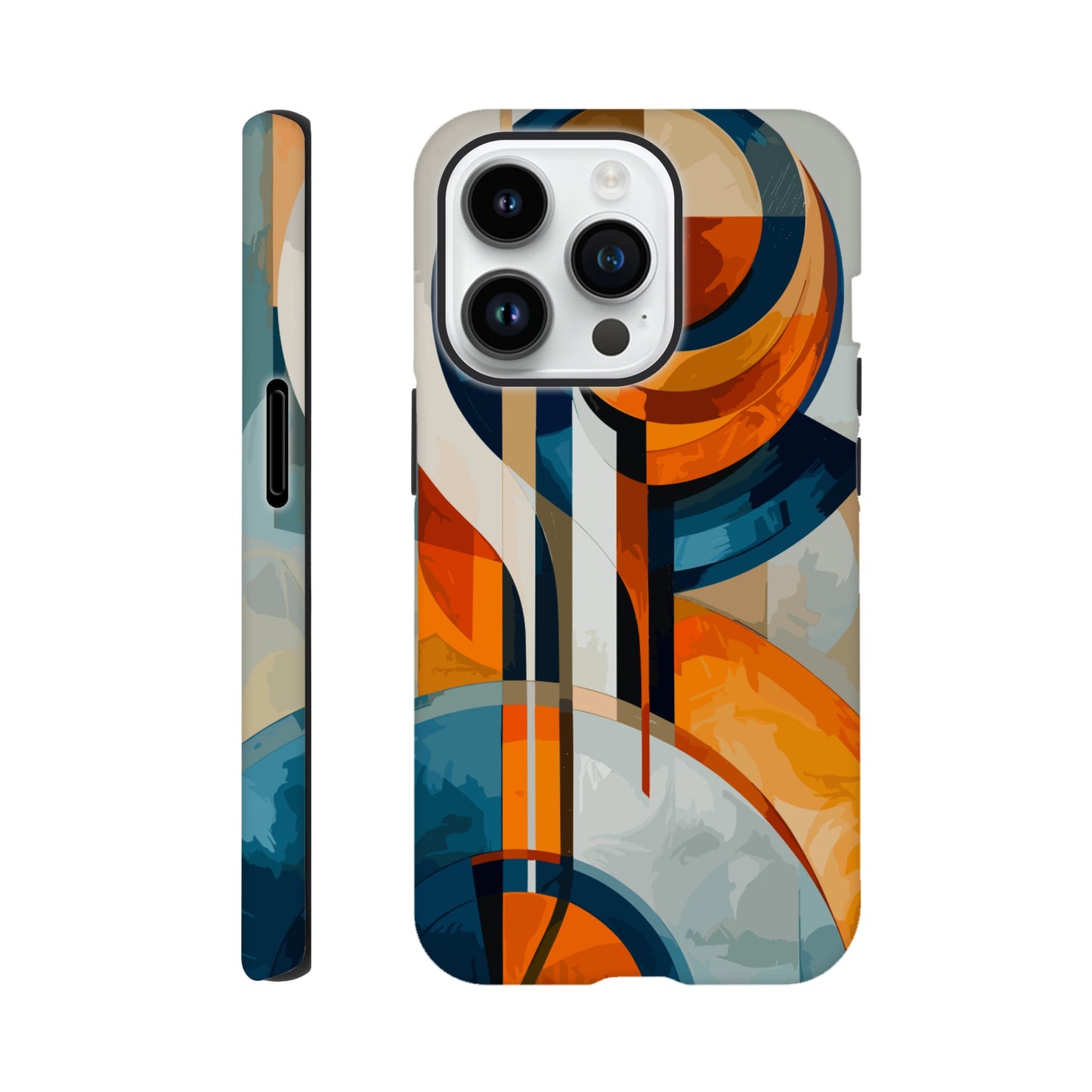 An Apple iPhone 14 Pro Phone Case with the following design on it: An abstract painting of an orange, blue and white circular design with lines in the style of cubism. The shapes create visual harmony by creating balance between soft curves and sharp angles. It uses flat color to give depth through gradients. There is an emphasis on the use of light and shadow. In some places there's an airbrush effect