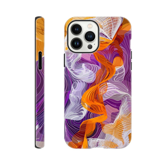 An Apple iPhone 13 Pro Max Phone Case with the following design on it - A modern digital art piece of an abstract representation of waves and swirls, with orange and purple hues, composed from flowing lines in a white mesh pattern, creating the illusion that they flow like ribbons or threads. The background is a gradient of these colors, adding depth to the composition. This artwork symbolizes movement, fluidity, and dynamic energy through its intricate design.