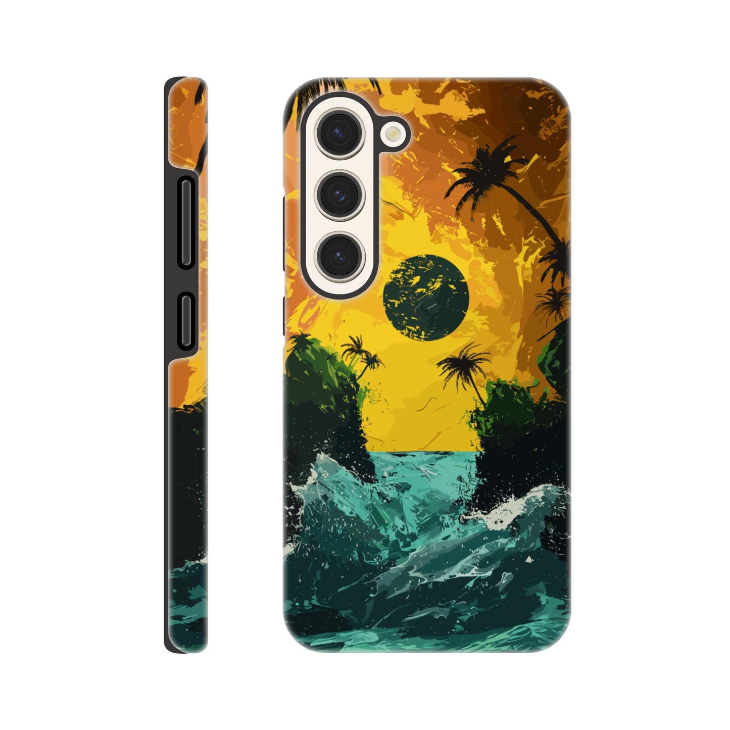 A Samsung Galaxy S23 Phone Case with the following design on it - Two green islands separated by a violent royal green sea: yellow orangish sky: black sun, alien looking palm trees, surrealism