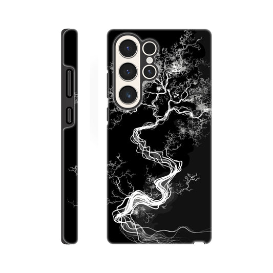 A Samsung Galaxy S23 Ultra Phone Case with the following design on it - a sketch of a white fractal tree against a black background