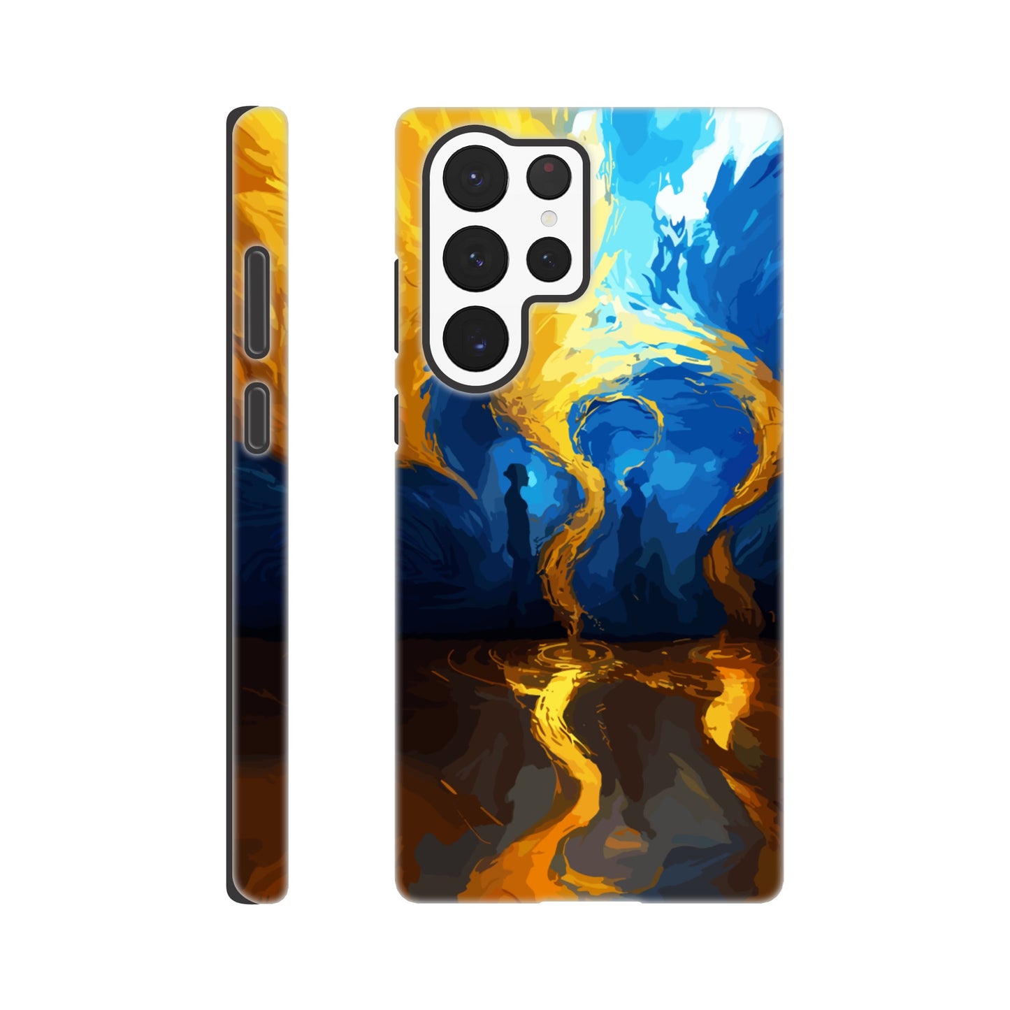 A Samsung Galaxy S22 Ultra Phone Case with the following design on it -An abstract image of flowing thunder/lightning and waves. The colors of blue, orange, and yellow. There are two human forms facing each other in the middle of the image.