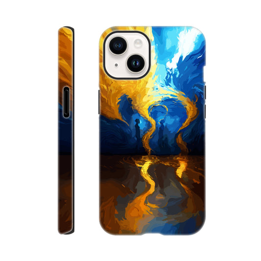 An iPhone 14 Phone Case with the following design on it -An abstract image of flowing thunder/lightning and waves. The colors of blue, orange, and yellow. There are two human forms facing each other in the middle of the image.